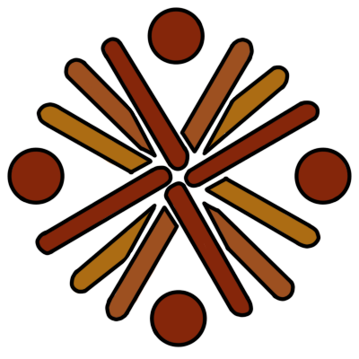 A drawing of the logo of the Queensland Collective for Inclusive Education, which is warm-toned and shows overlapping lines and four circles in a design similar to the Indigenous Australian art symbol for a gathering place